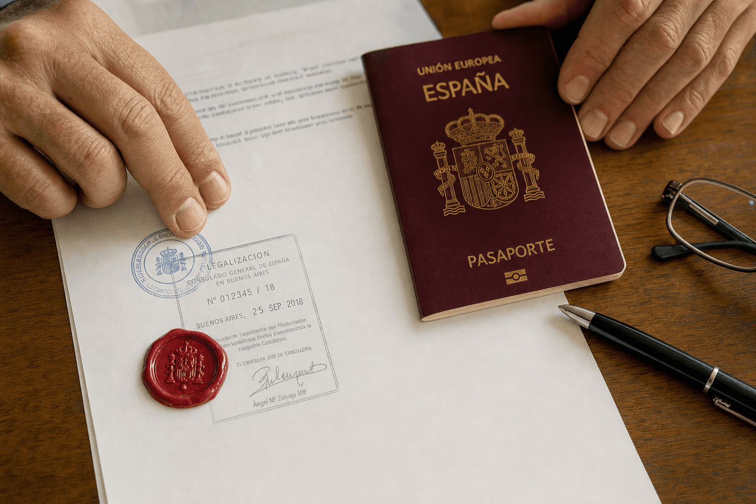 Primer plano de manos sosteniendo pasaporte y documentos con sello consular