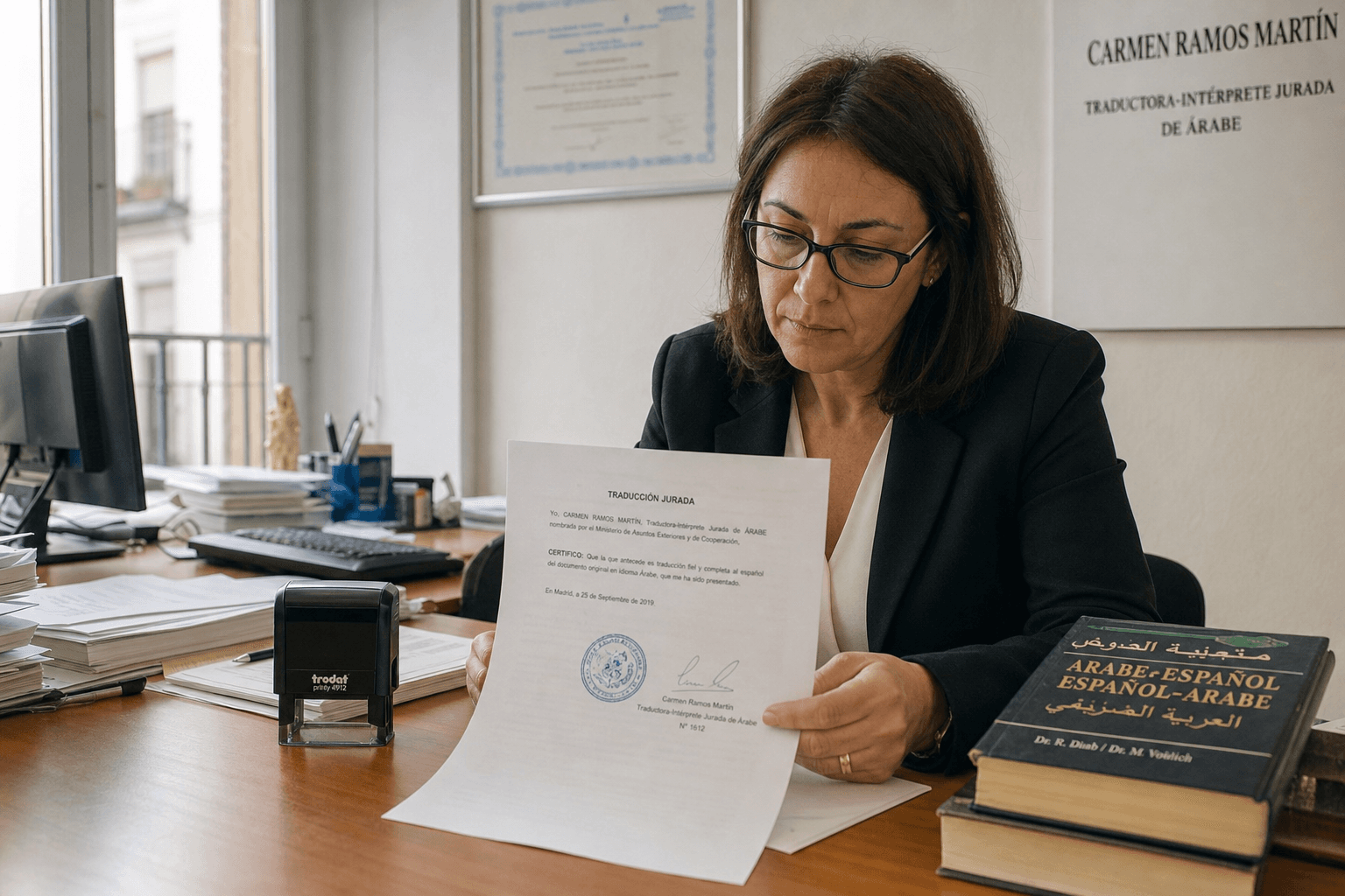 Traductora jurada revisando documentos oficiales con sellos en la mesa