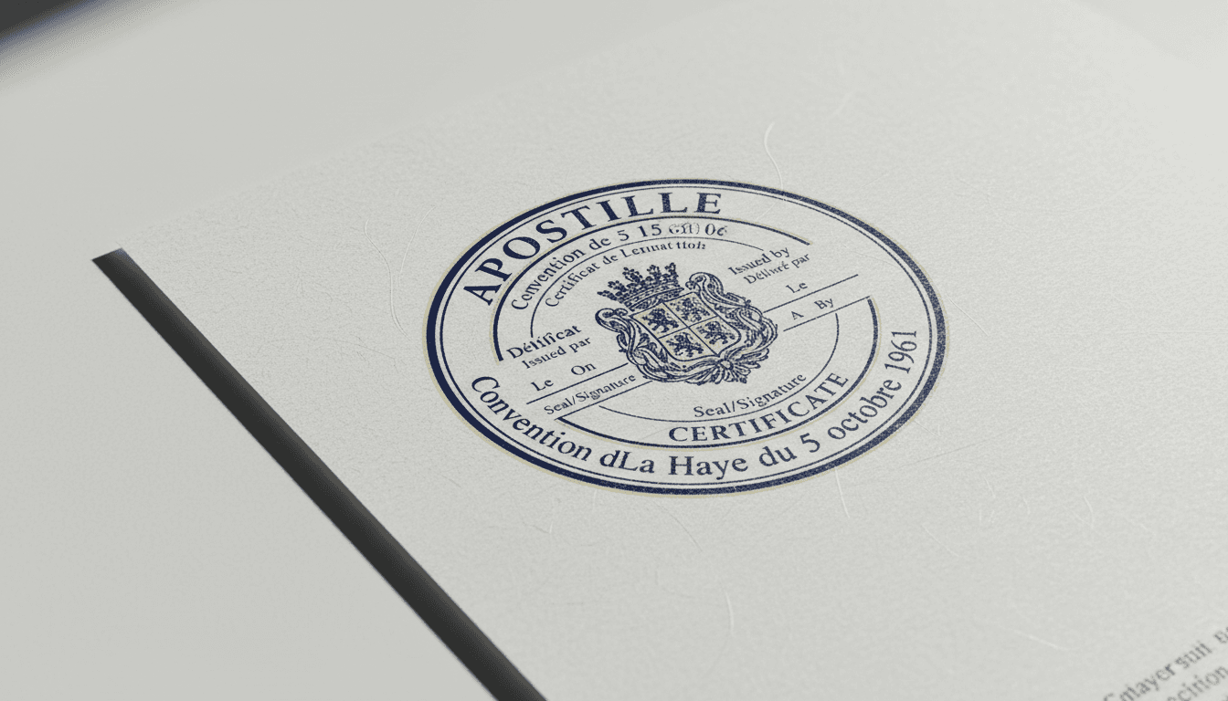 Detalle de sello de Apostilla de la Haya con certificado oficial
