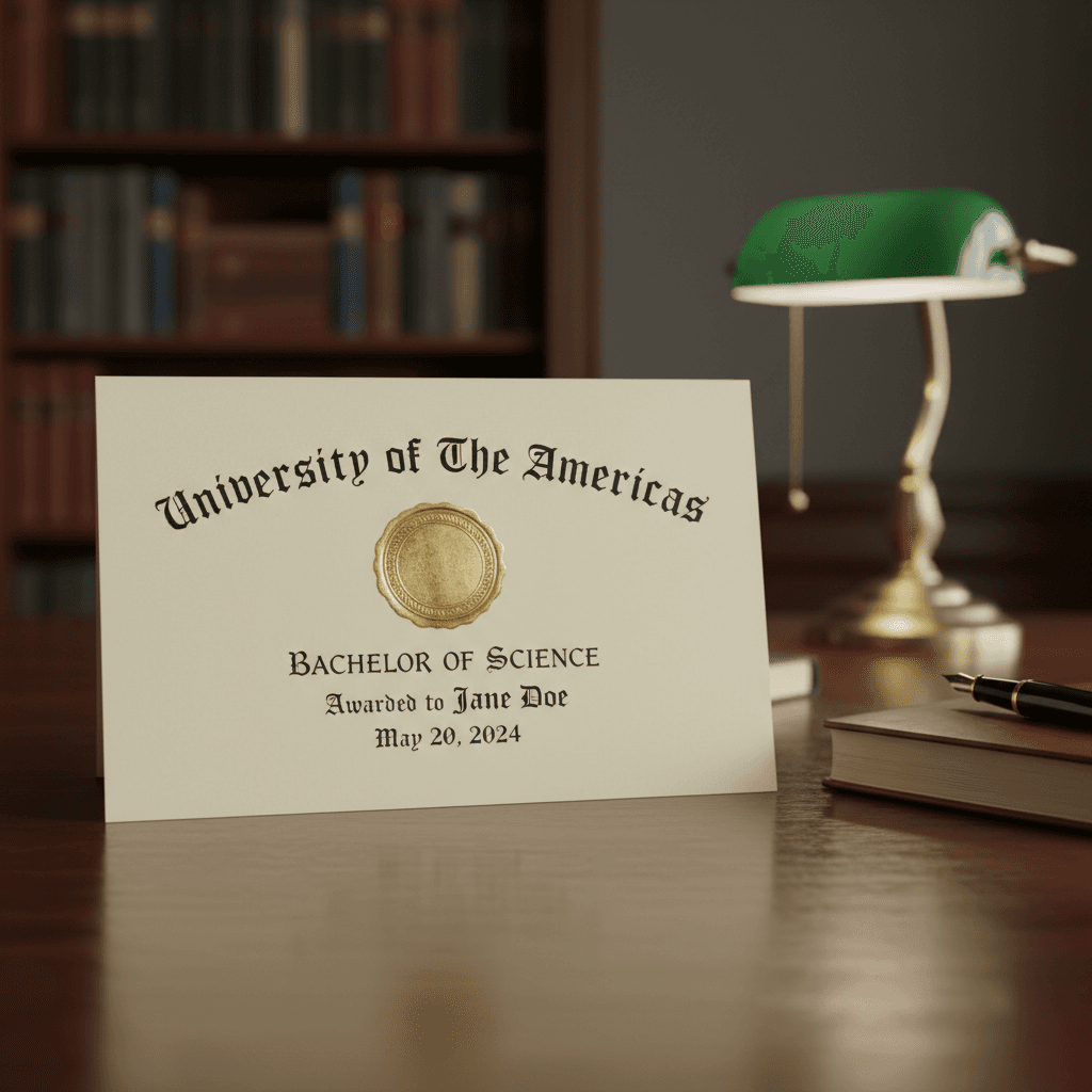 Diploma universitario con sello oficial sobre una mesa