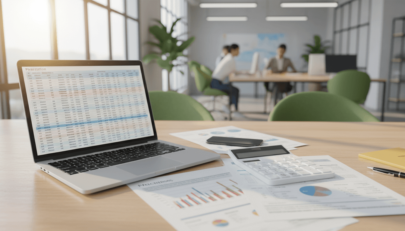 Documentos comerciales, calculadora y ordenador en oficina