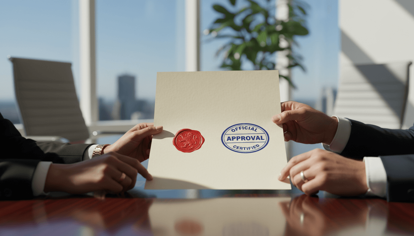 Manos sujetando un documento oficial con sello y precinto en una oficina luminosa