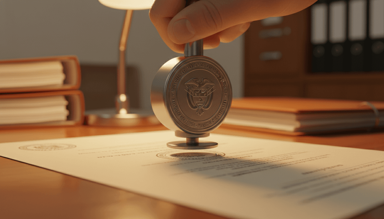 Detalle de apostilla siendo aplicada a un título universitario con sello oficial en relieve