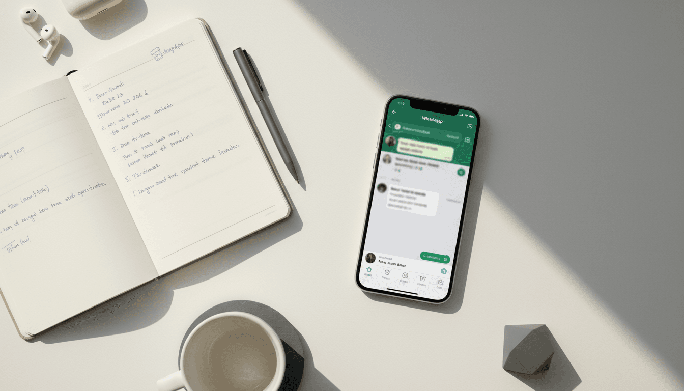 Teléfono móvil mostrando WhatsApp en una mesa de trabajo profesional con documentos y material de oficina