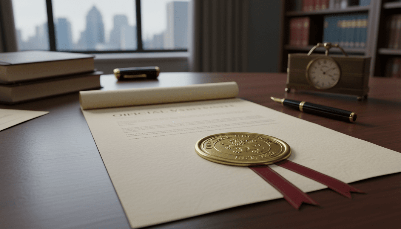 Documento oficial con sello dorado de apostilla sobre una mesa de despacho
