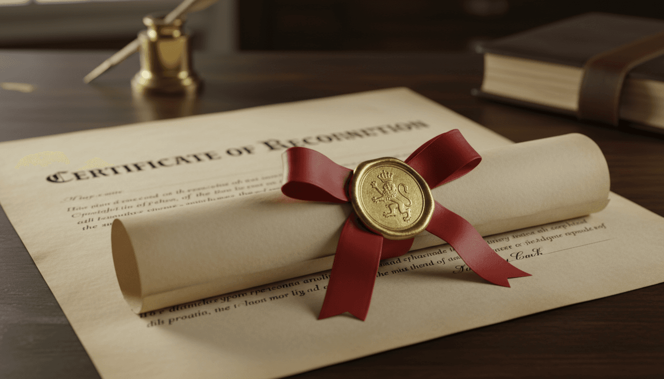 Documento oficial con apostilla y sello dorado sobre una mesa de madera