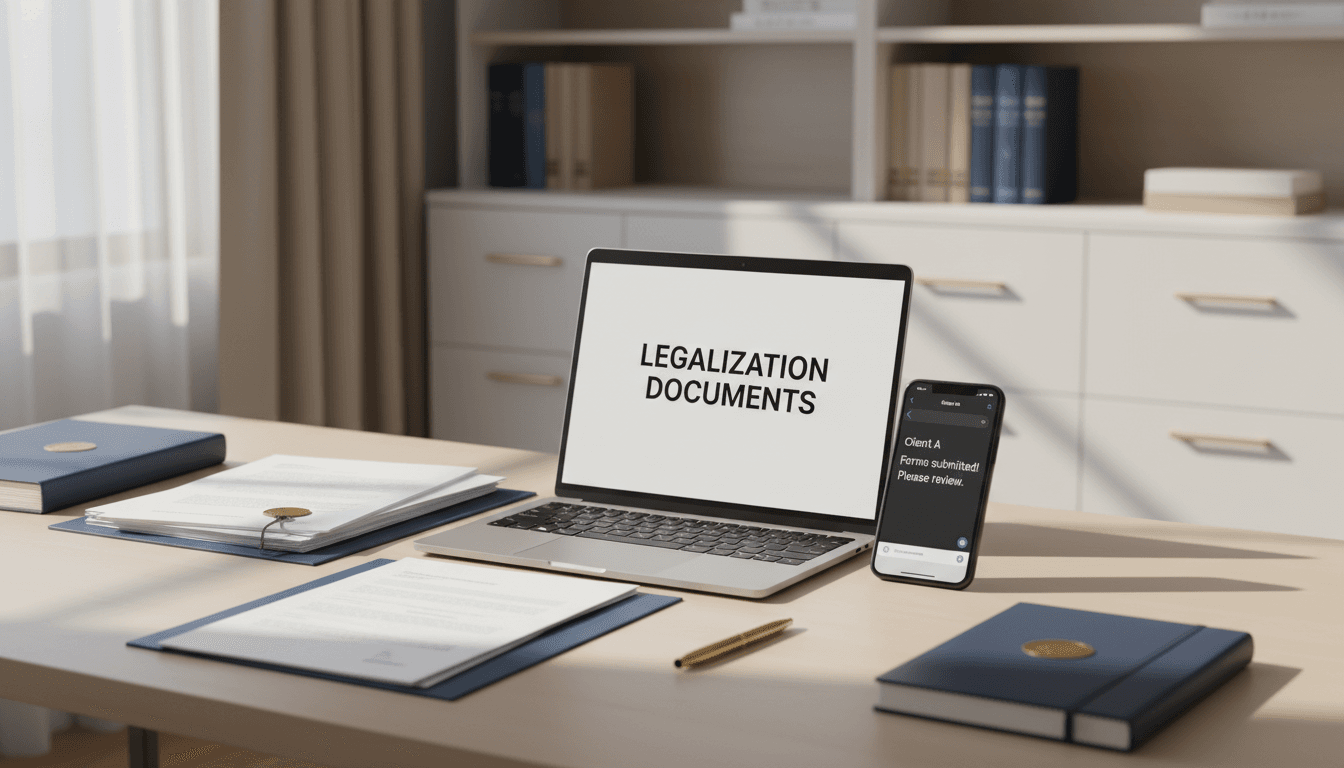 Espacio de trabajo profesional con documentos de legalización, laptop y WhatsApp en el móvil bajo luz natural