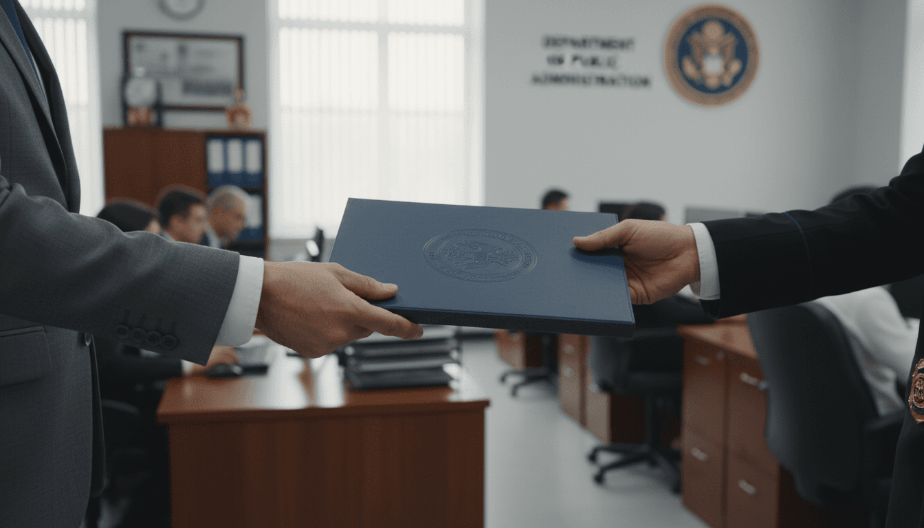 Gestor entregando una carpeta de documentos en una oficina gubernamental