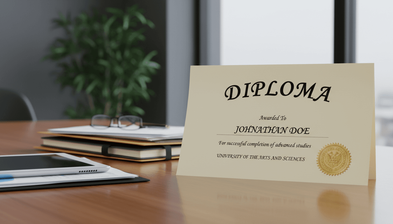 Diploma certificado con sello dorado sobre una mesa junto a documentos