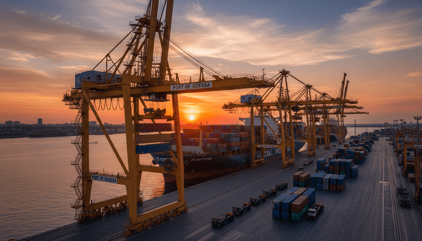 Grúas industriales portuarias cargando un buque de carga al atardecer