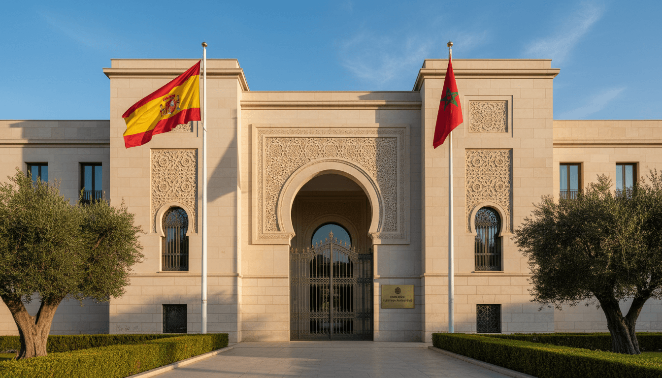 Entrada de edificio diplomático con banderas de España y Marruecos