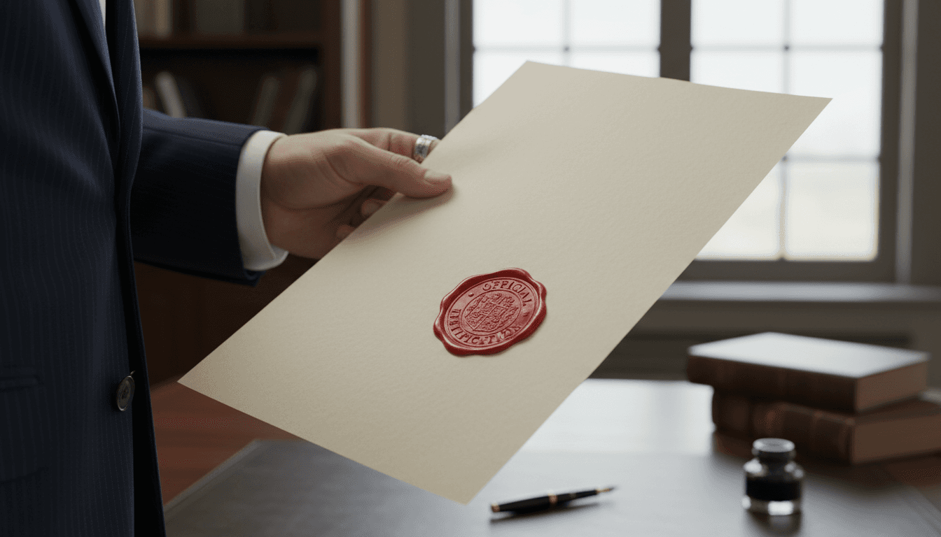 Mano sujetando un documento oficial con un sello de legalización