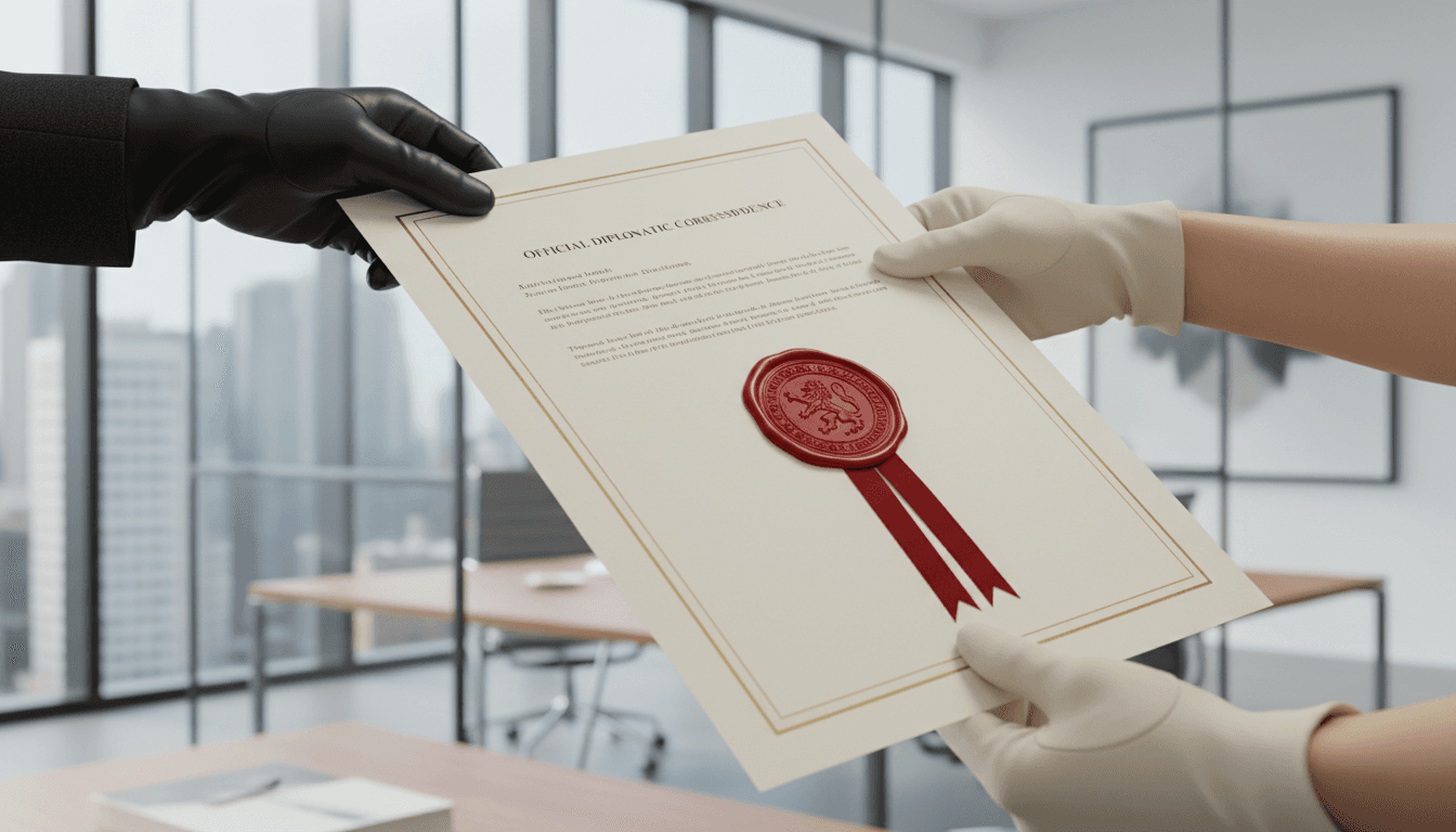 Manos profesionales sujetando un documento oficial con sello en una oficina moderna