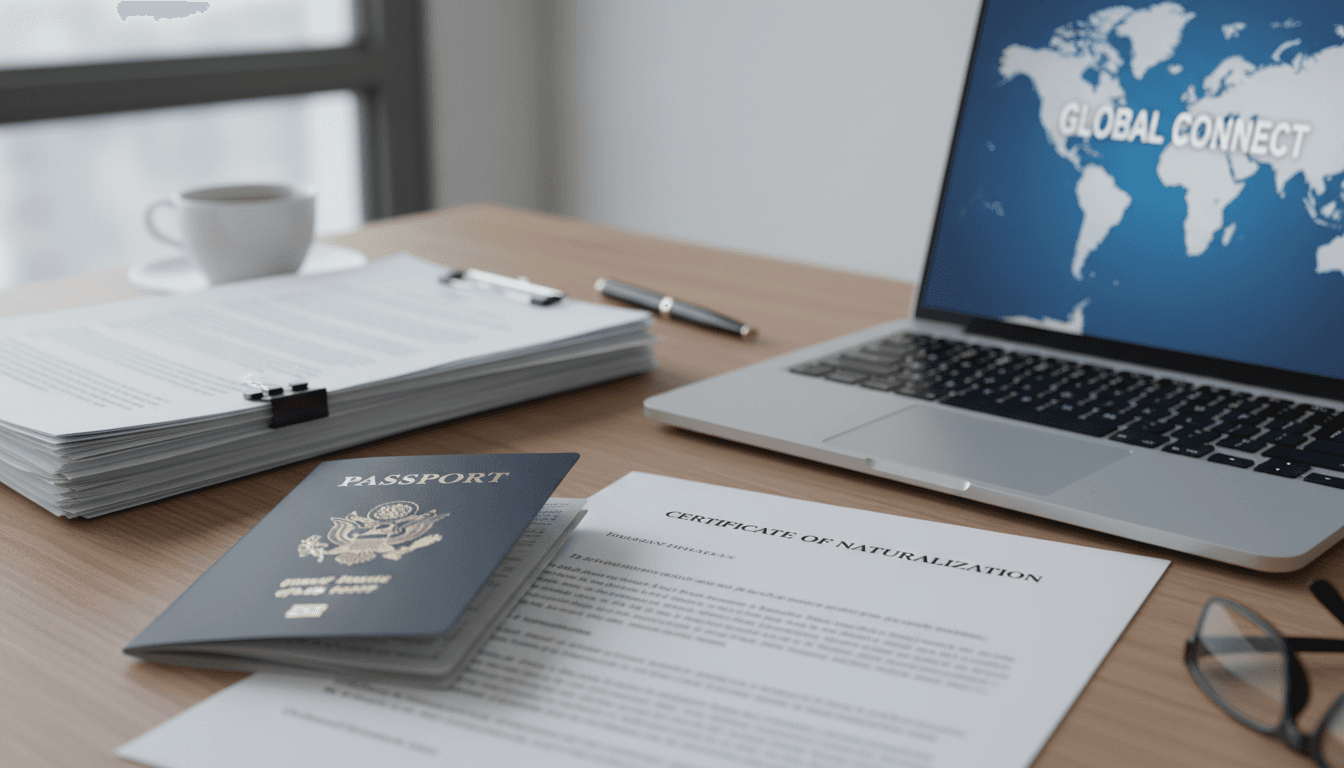 Pasaporte y documentos oficiales junto a un ordenador portátil