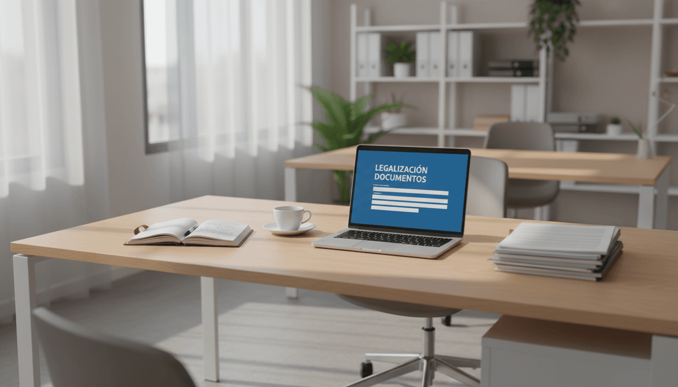 Espacio de trabajo profesional en Madrid con documentos de legalización, laptop y materiales de apostilla organizados sobre un escritorio moderno