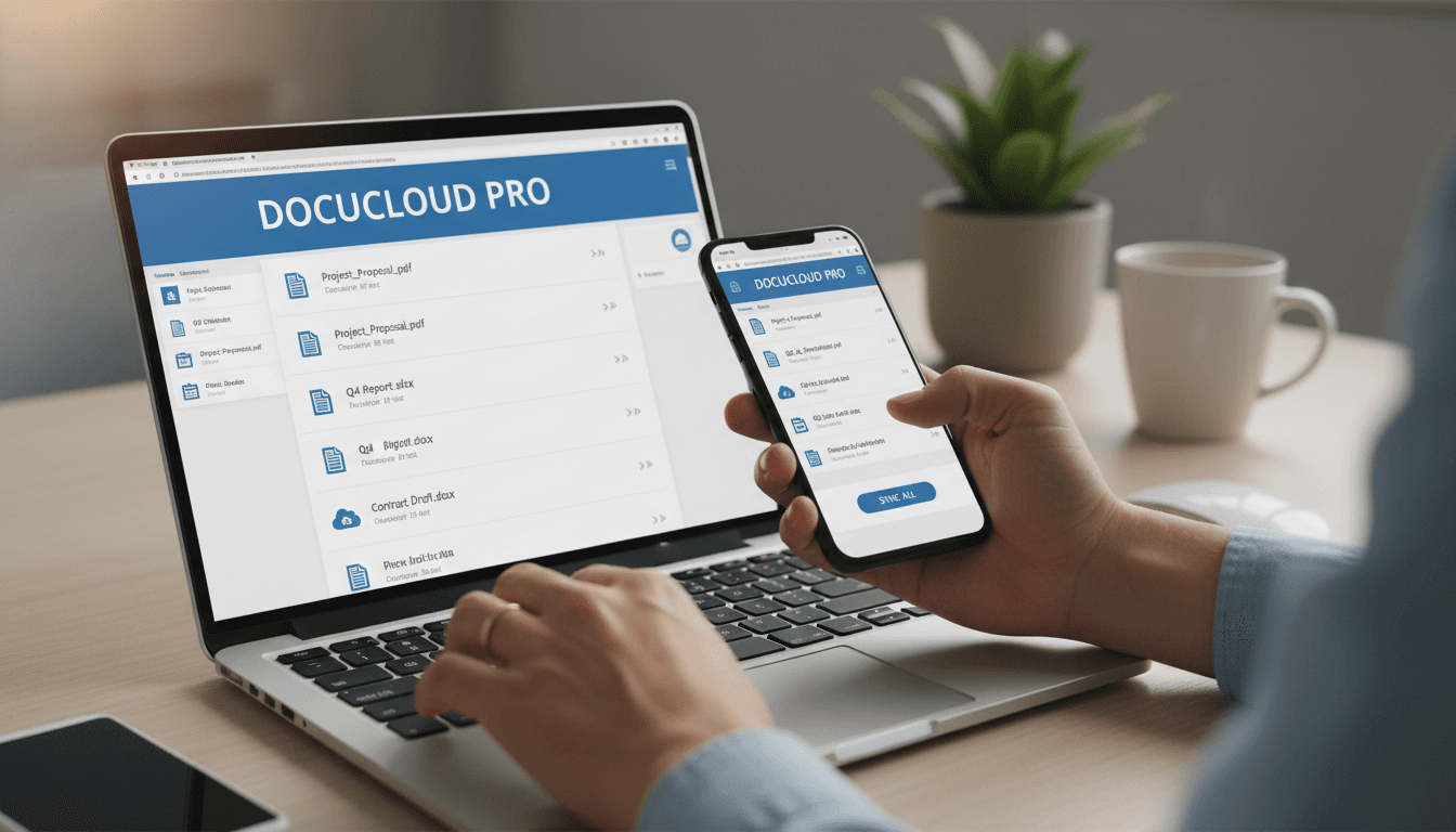 Manos gestionando documentos digitales desde un portátil y móvil