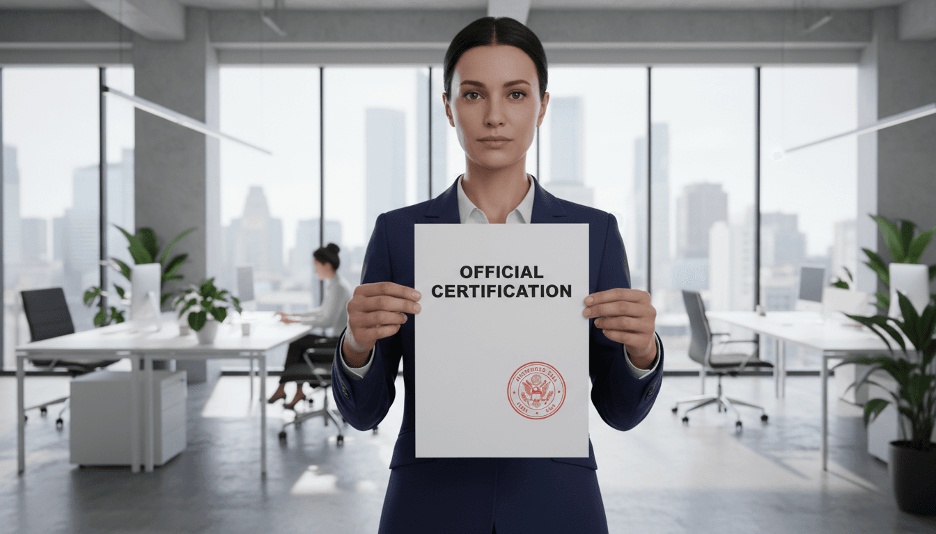 Profesional administrativo sosteniendo un documento sellado en una oficina moderna