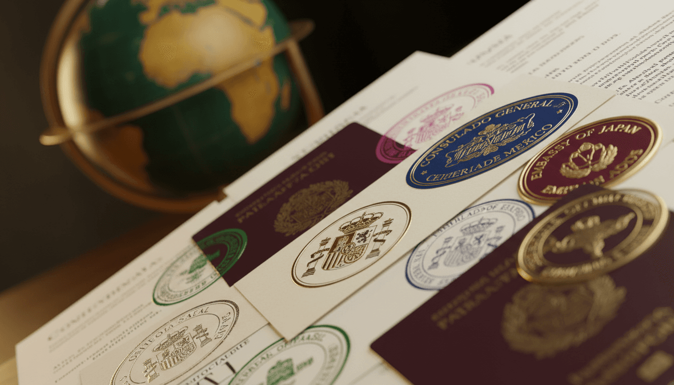 Documentos con sellos consulares de múltiples países