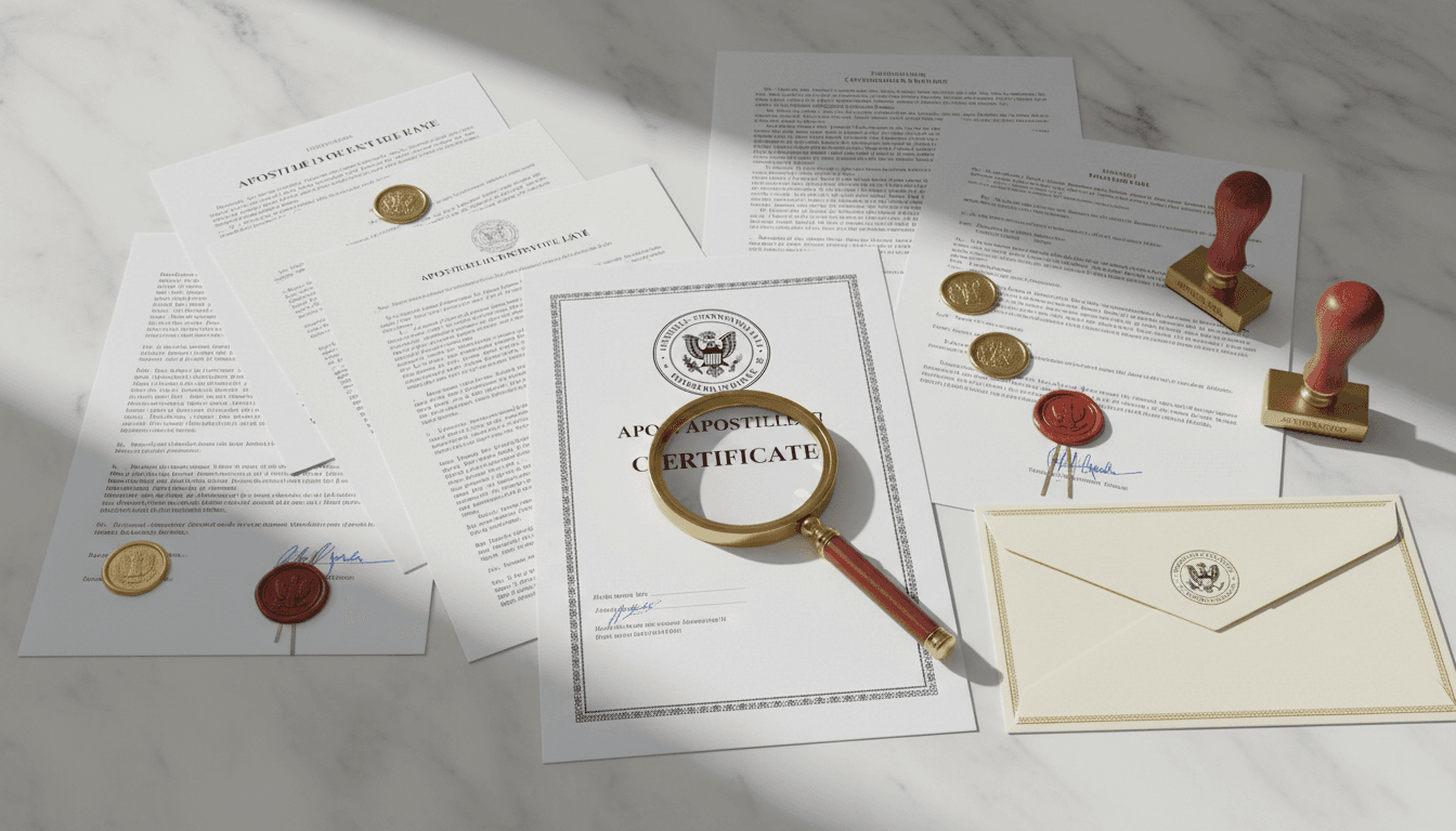 Documentos legalizados con apostilla de la Haya y sellos oficiales sobre escritorio profesional