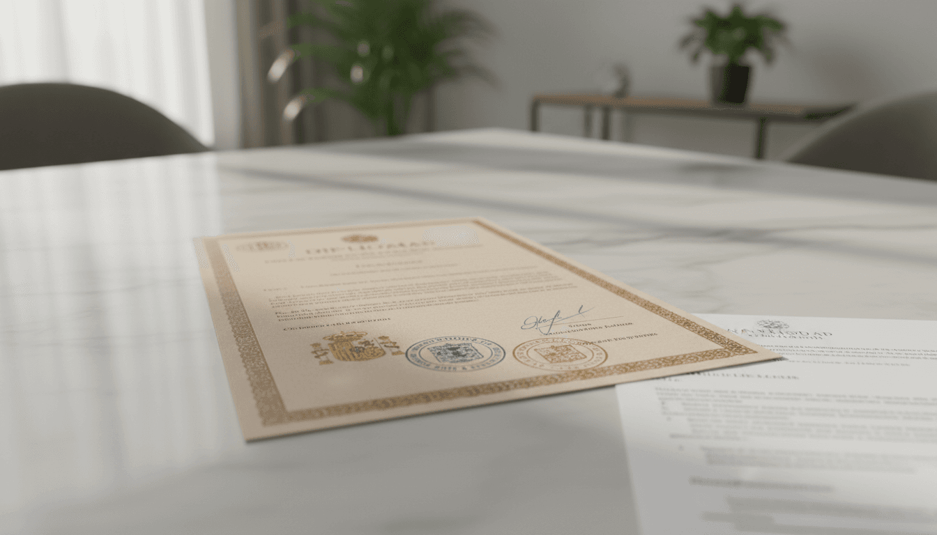 Título universitario español con sello de apostilla en escritorio profesional