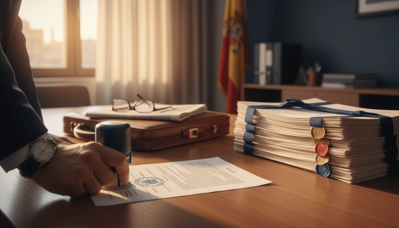 Documentos apostillados con sello oficial en escritorio de gestoría