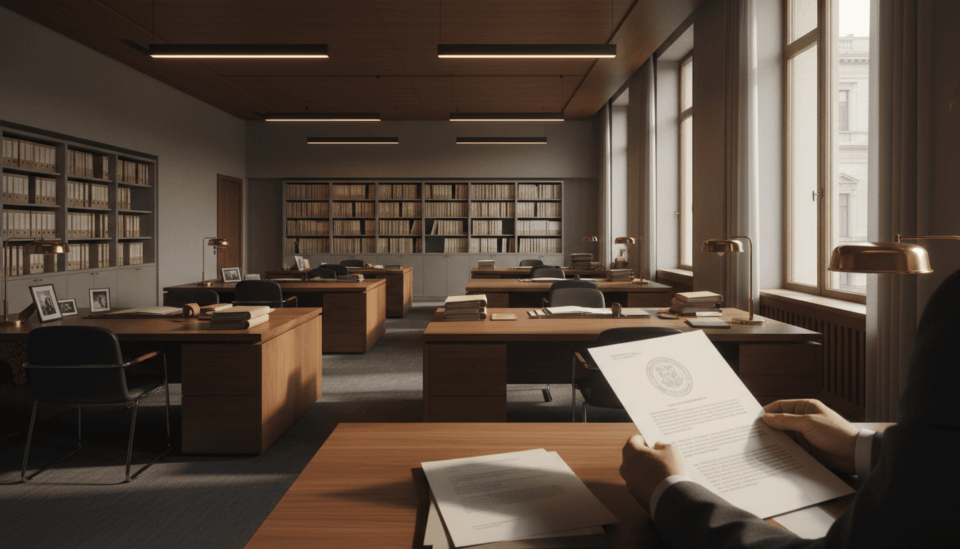 Oficina profesional de legalización de documentos con luz natural y documentación oficial