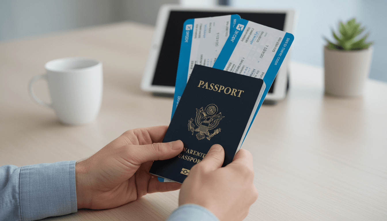 Manos sosteniendo un pasaporte y documentos sobre una mesa moderna