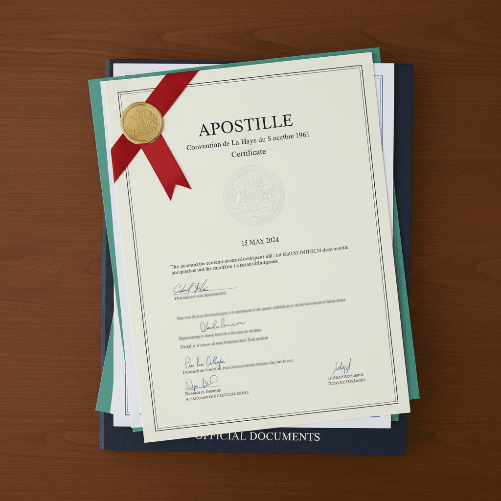 Certificado de apostilla de la Haya junto a un documento oficial