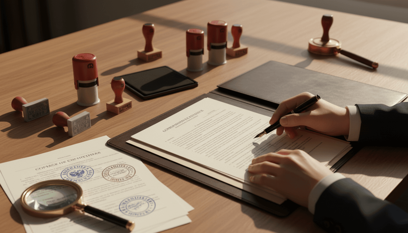Profesional revisando documentos legalizados con sello oficial