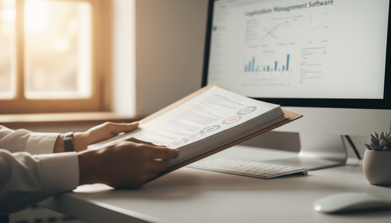 Profesional revisando documentos de exportación con sellos y certificaciones en una oficina moderna