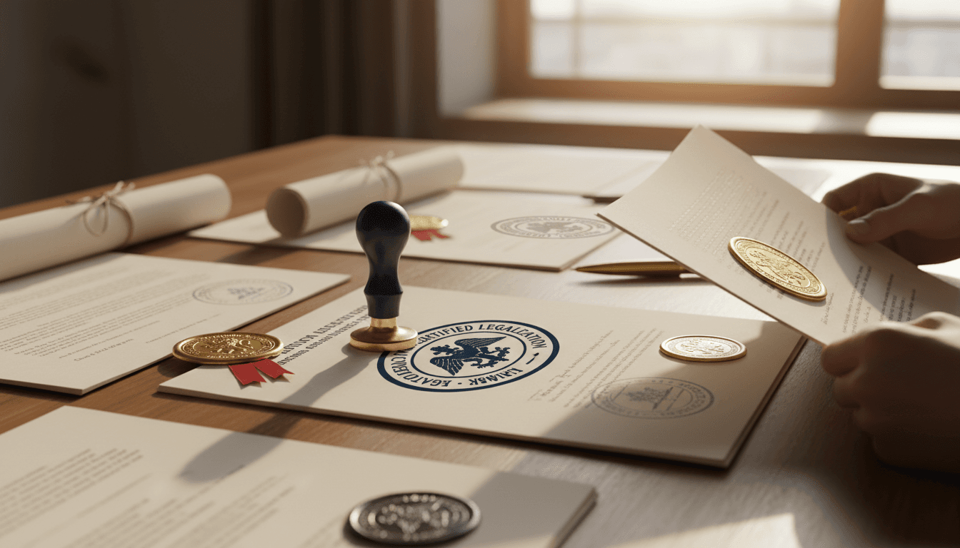 Documentos legalizados con sellos oficiales y marcas diplomáticas sobre una mesa profesional