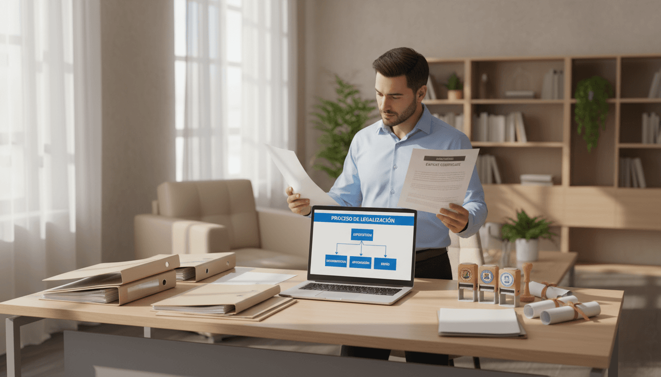 Gestor administrativo revisando documentación de legalización en una oficina profesional de Madrid