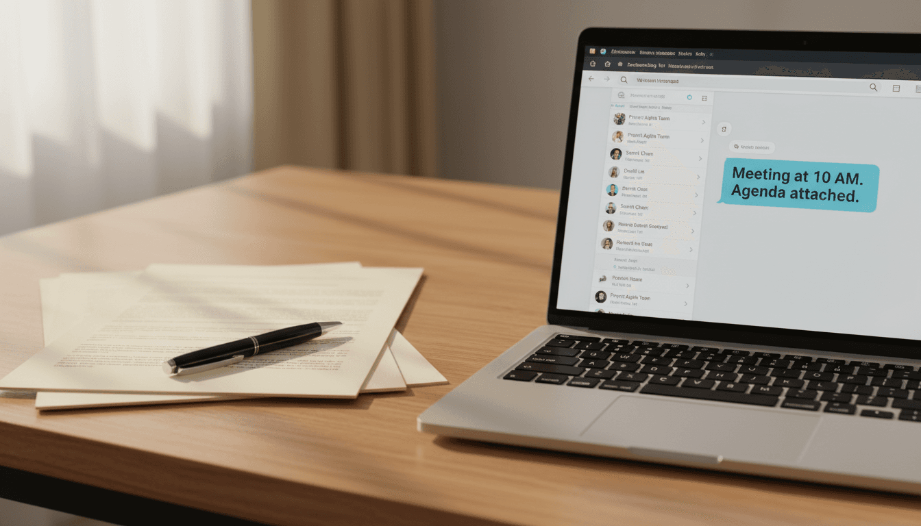 Mesa profesional con documentos organizados, laptop con WhatsApp abierto y luz natural
