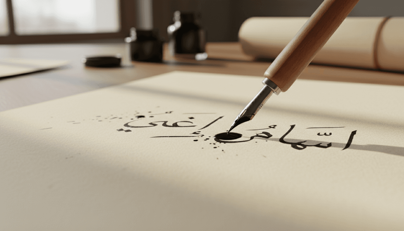 Caligrafía árabe con pluma y tinta sobre papel