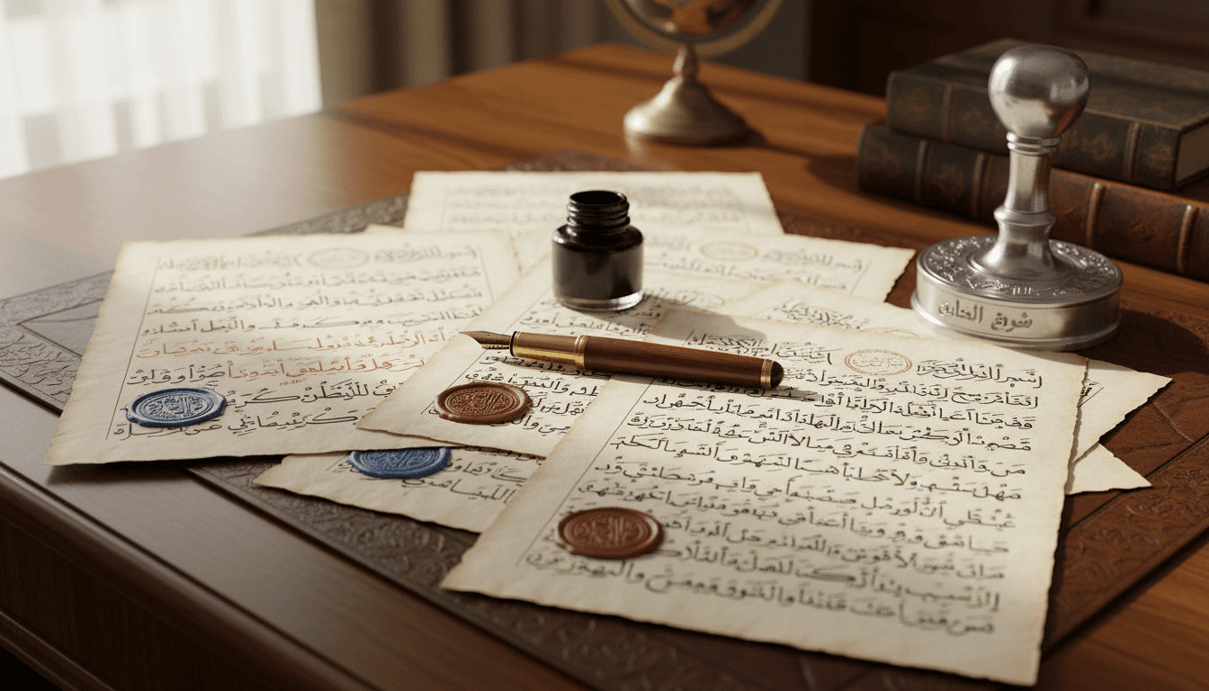 Documento árabe con sello oficial y pluma estilográfica