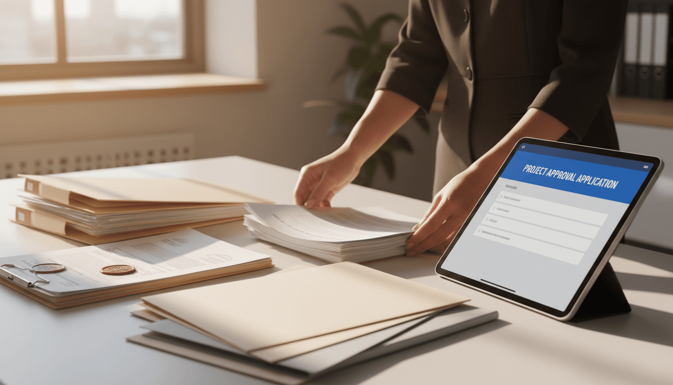 Espacio de trabajo profesional mostrando tramitación digital de documentos oficiales con organización y precisión