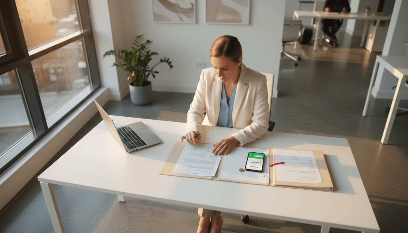 Profesional revisando documentos de legalización en un escritorio moderno con laptop y WhatsApp
