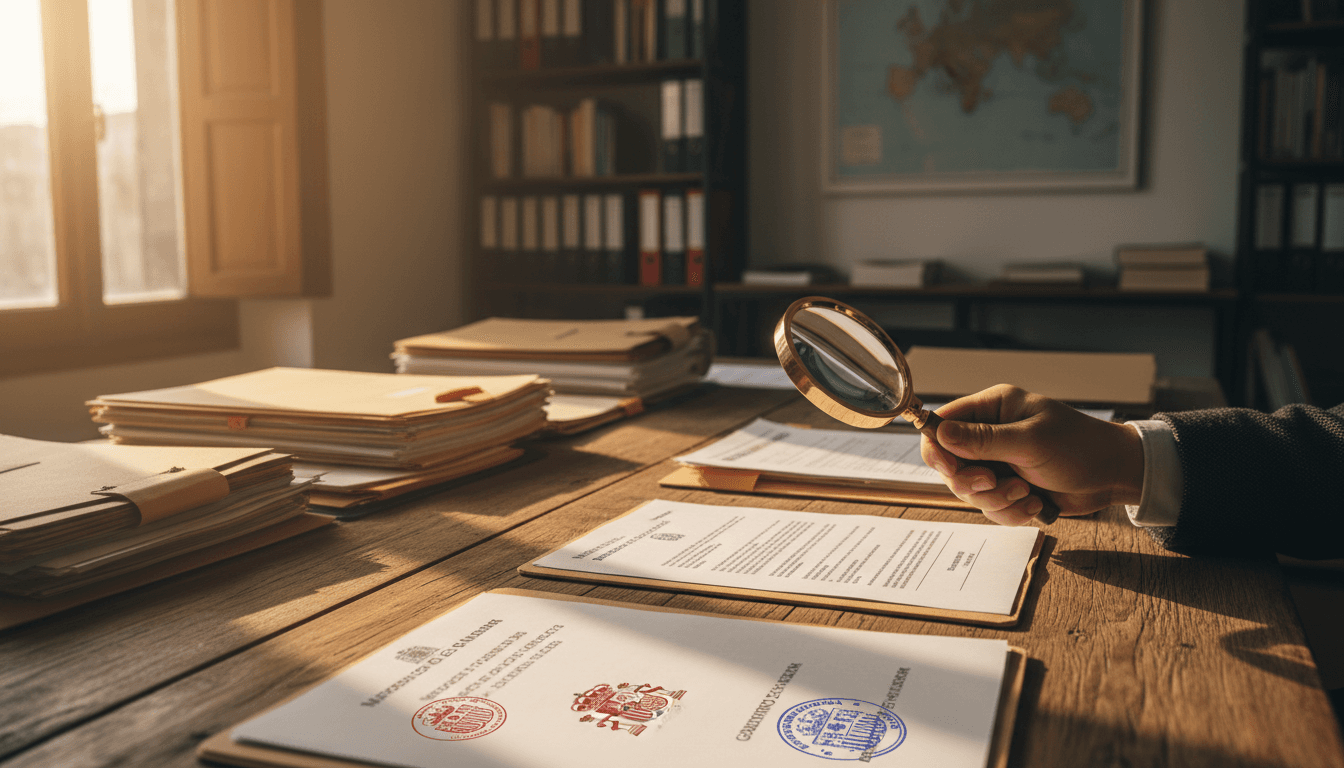 Documentos legalizados y apostillados con sellos oficiales españoles en mesa de trabajo profesional