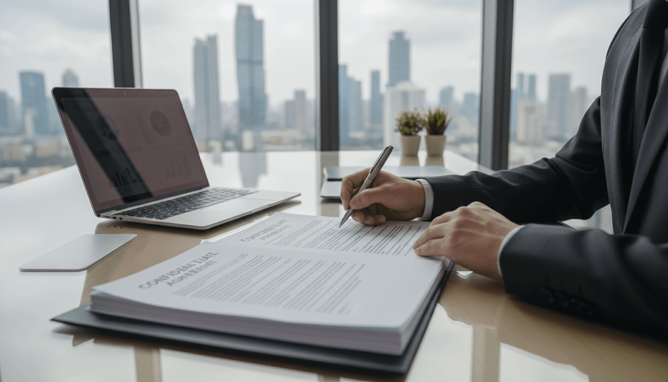 Profesional firmando documentos oficiales en un escritorio moderno