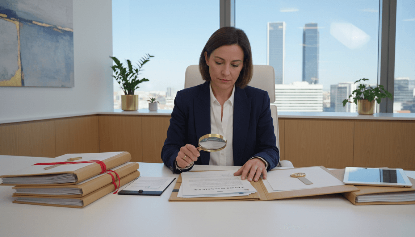 Profesional revisando documentos oficiales en una oficina moderna