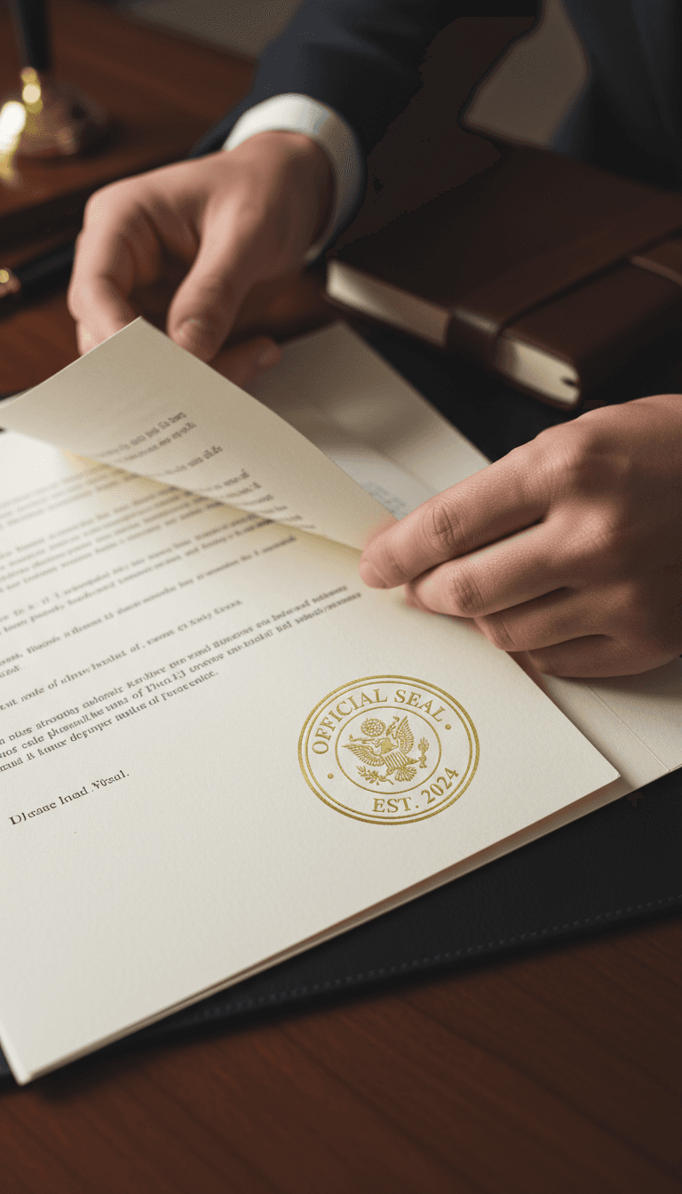 Documento oficial con sello consular sobre escritorio profesional