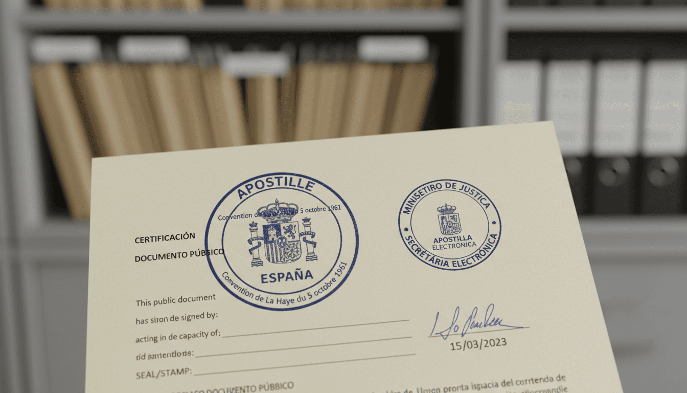 Detalle de sello de Apostilla de la Haya en documento español