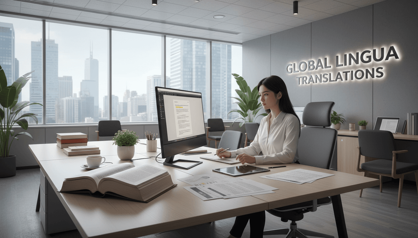 Traductora profesional con diccionario y documentos en oficina