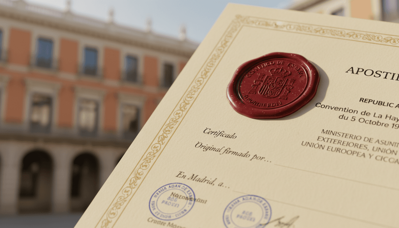 Detalle de apostilla de la Haya con sello oficial y certificaciones