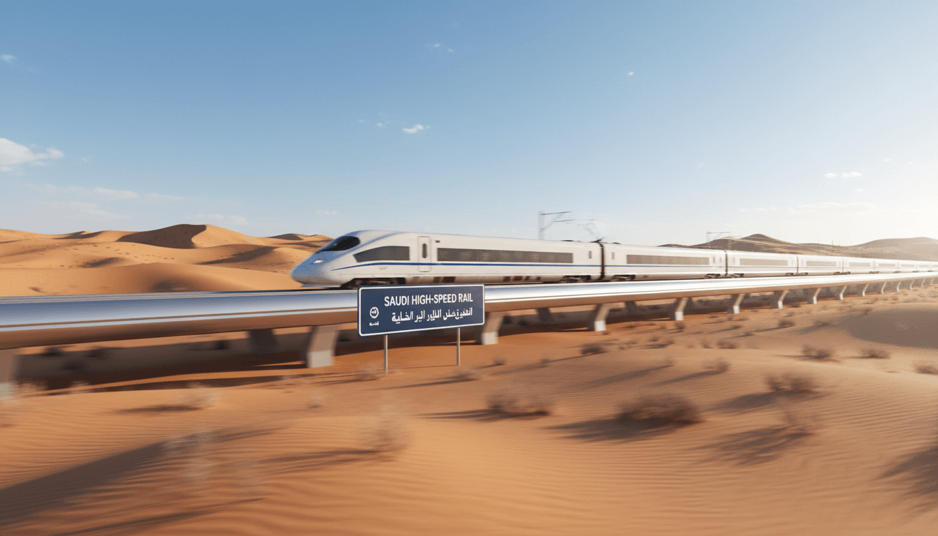 Tren de alta velocidad circulando por el desierto de Arabia Saudí