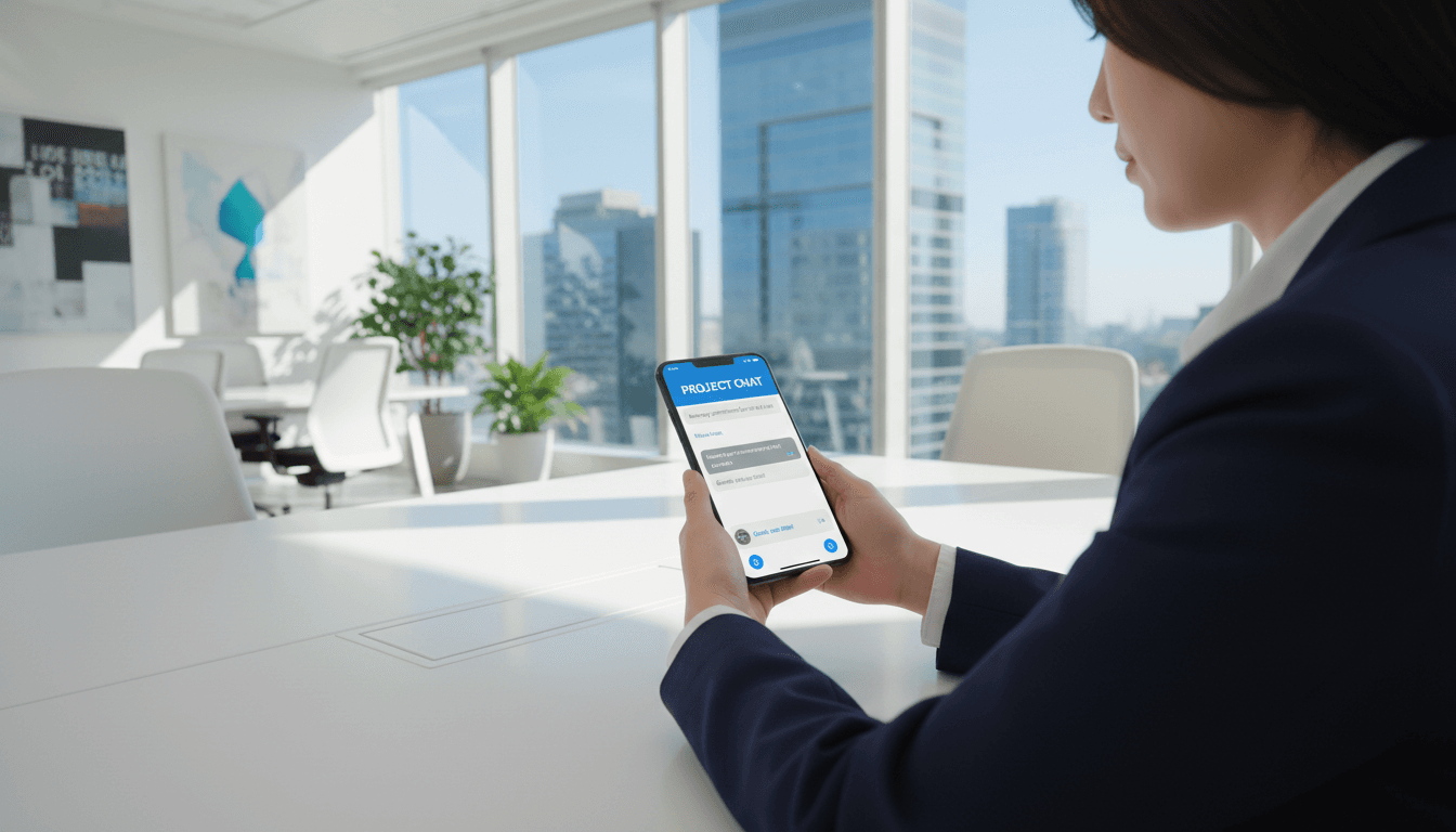 Persona usando el móvil para consultar por WhatsApp en una oficina moderna