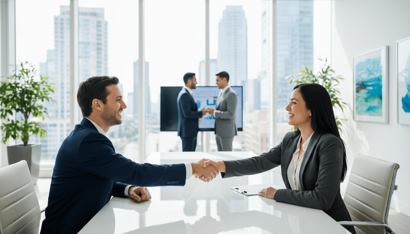 Profesional de gestoría estrechando la mano de un cliente en una oficina moderna